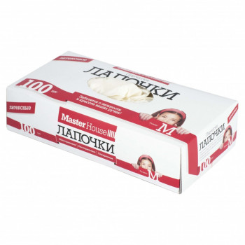 Перчатки латексные Лапочки 100шт(50пар)/кор.,цена за кор.,опудренные,размер M, 60425 MasterHouse