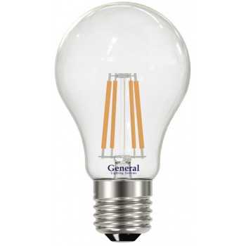 Лампа светодиодная General ЛОН A60 E27 8W(750lm) 4500K 4K 60x105 филамент (нитевидная) прозрачная 645700