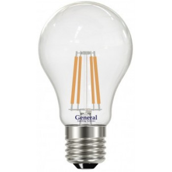 Лампа светодиодная General ЛОН A60 E27 8W(780lm) 6500K 6K 60x105 филамент (нитевидная) прозрачная 649200
