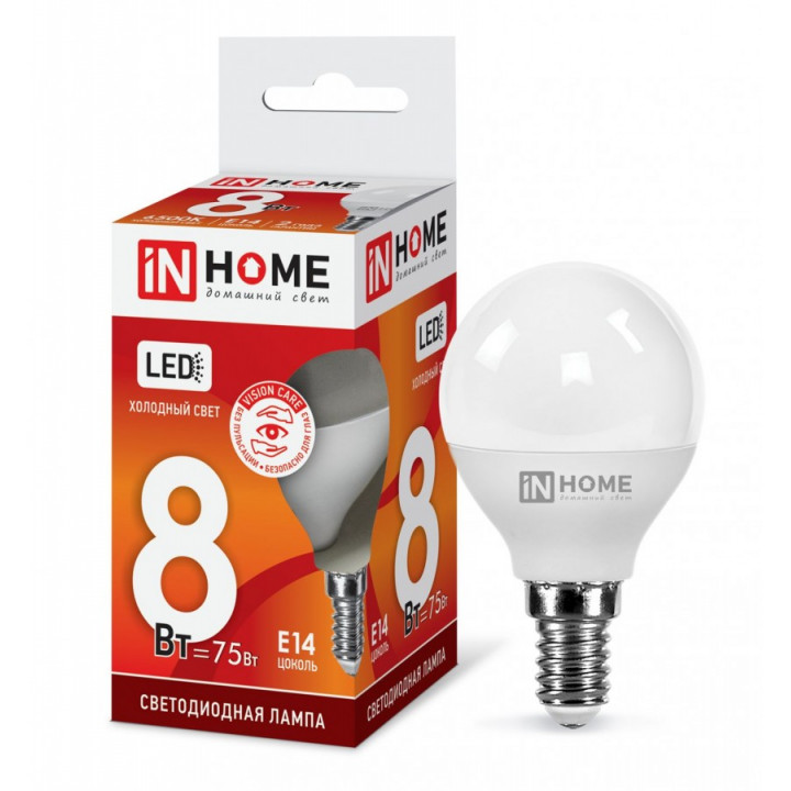 Лампа светодиодная ASD/InHome VC шар P45 E14 8W(820lm) 6500K 6K (без пульсации) 4882