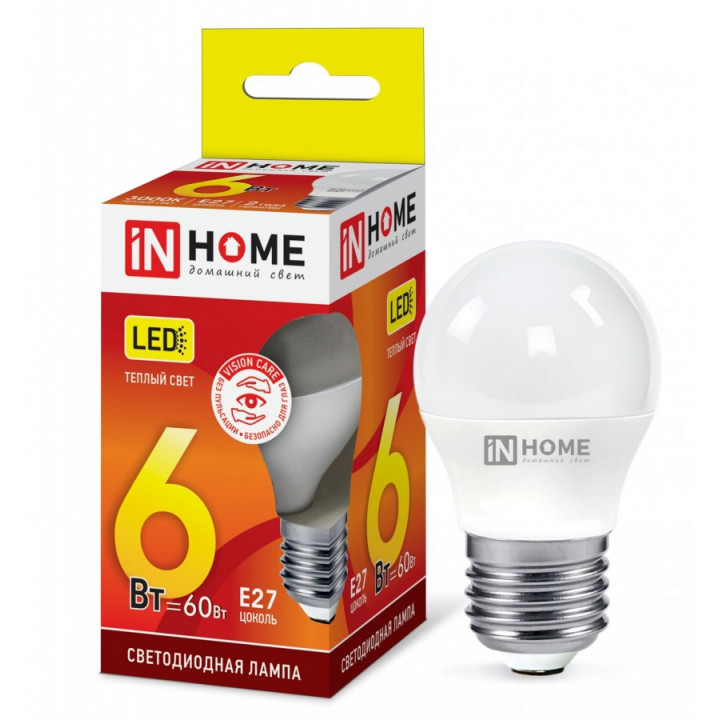 Лампа светодиодная ASD/inHome VC шар P45 E27 6W(480lm) 3000К 3K (без пульсации) 0525